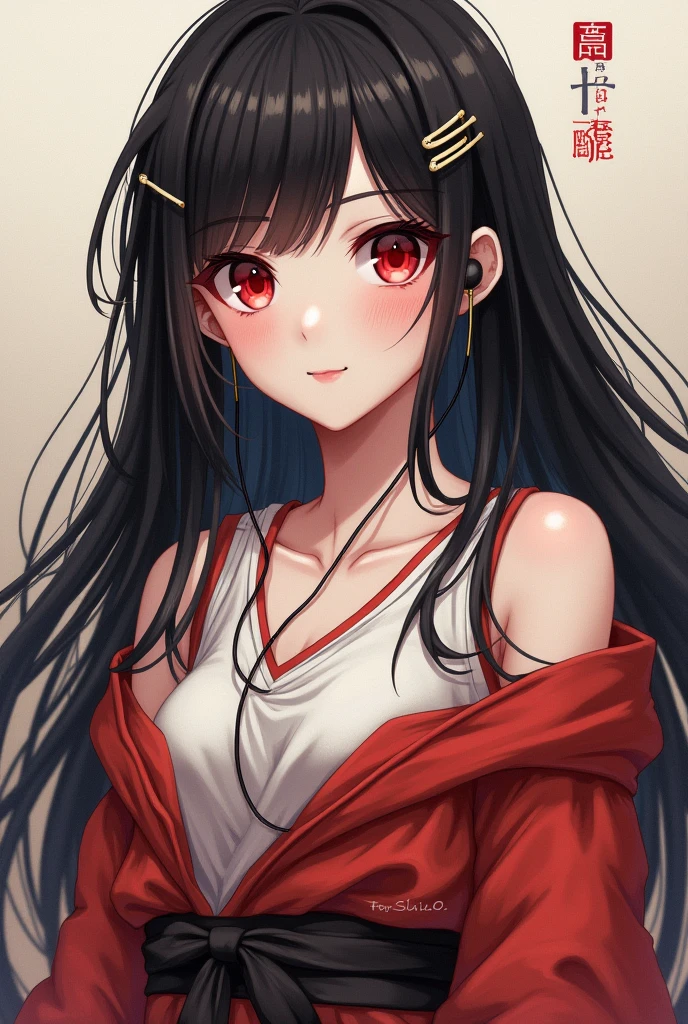1 girl, long hair, chest, chest, black hair, red eyes, Masterpiece, very detailed, smile, simple background, Hair clips, earphones, Ukiyo-e pictures,
