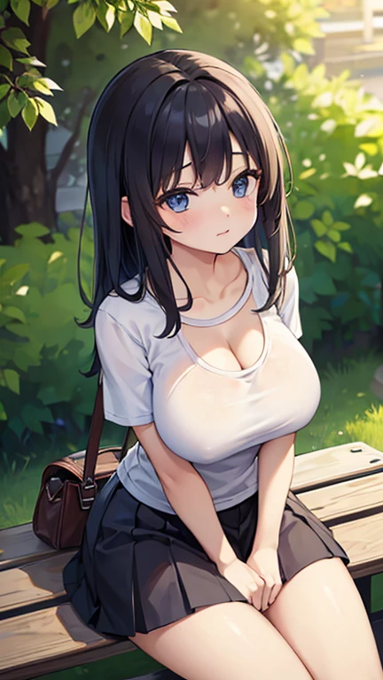 (((masterpiece))), Tight T-shirt,Cleavage,A snug fitting t-shirt, skirt, Outdoor, Sit on a bench, Innocent, Very large breasts,Top View