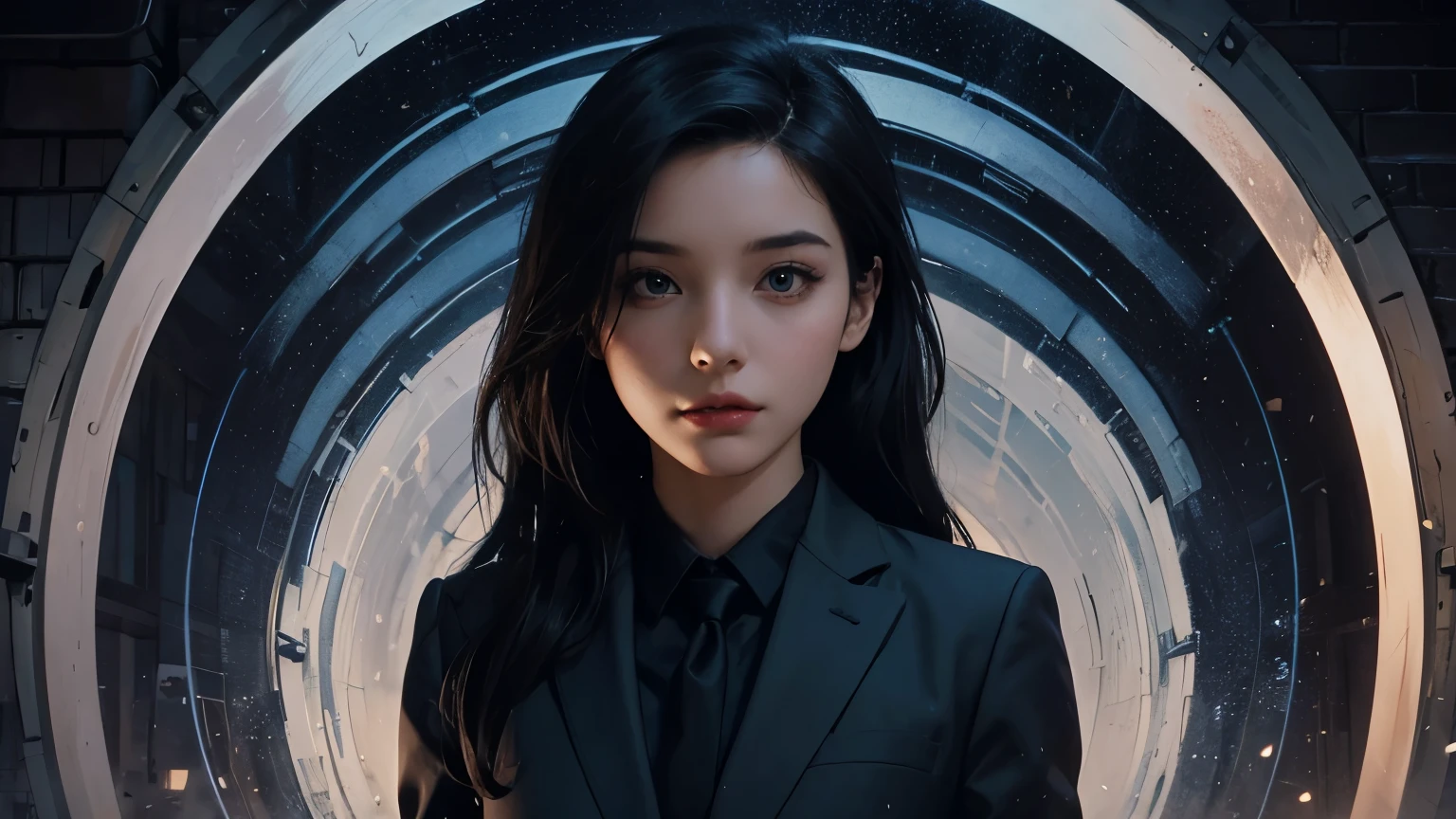 A cartoon character wearing a suit standing in front of a circular tunnel, Charlie Bowater's art style, Charlie Bowter's Style, in Charlie Bowter's Style, Character art by Charlie Bowter, Neo-artcore and Charlie Bowter, Artgerm JSC, Alena Aenami and Artgerm, Cyberpunk girl with jet black hair, Charlie Boater and Art Jaarm