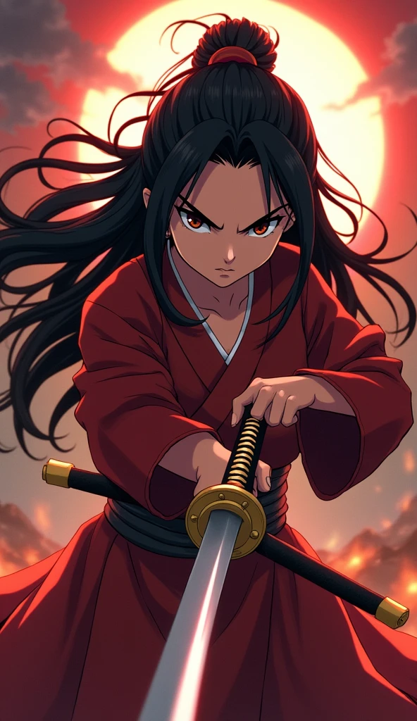 애니 Demon Slayer 캐릭터 , kamado nezuko , Prepare to draw your katana, There is an intense concentration in his eyes., Look ahead with nervous anticipation, Lean slightly forward, Holding a katana in both hands. Demon Slayer, Demon Slayer's Blade, Harmony of sun and fire