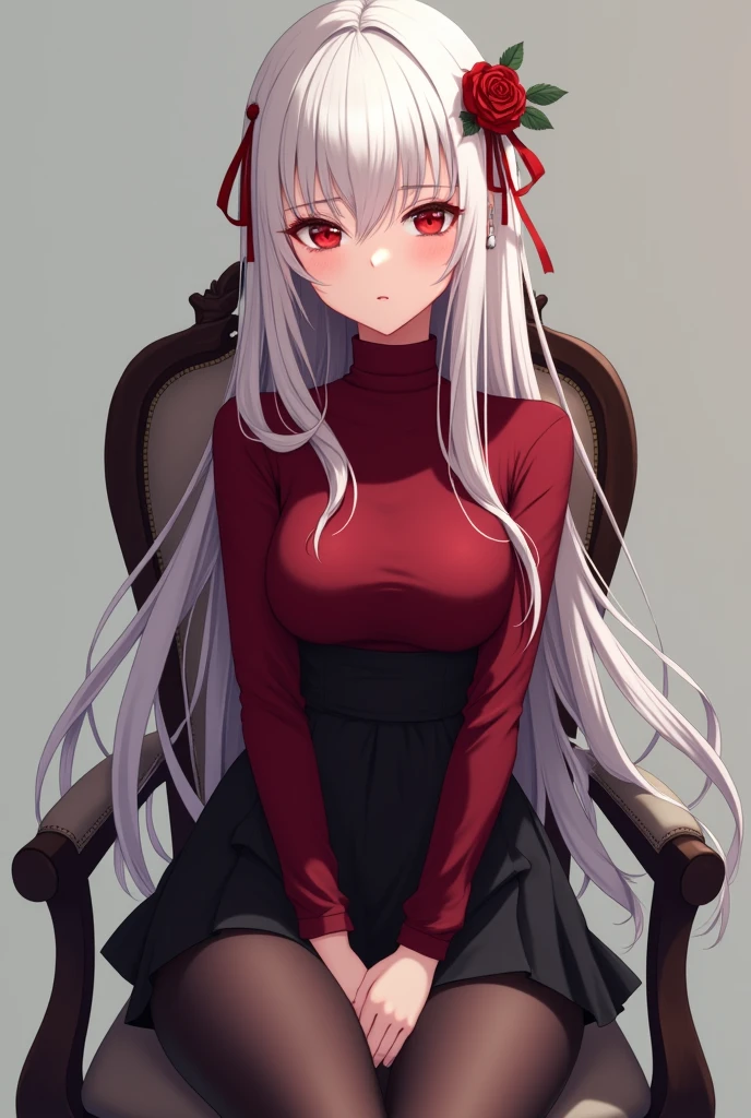 Beautiful anime woman with white hair and blood red eyes. Wearing a dark red turtleneck sweater tucked into a short black skirt, and pantyhose with high heels. She has some of her hair pinned back. A rose and some red ribbons decorate her hair. She is sitting in a chair with her legs crossed.