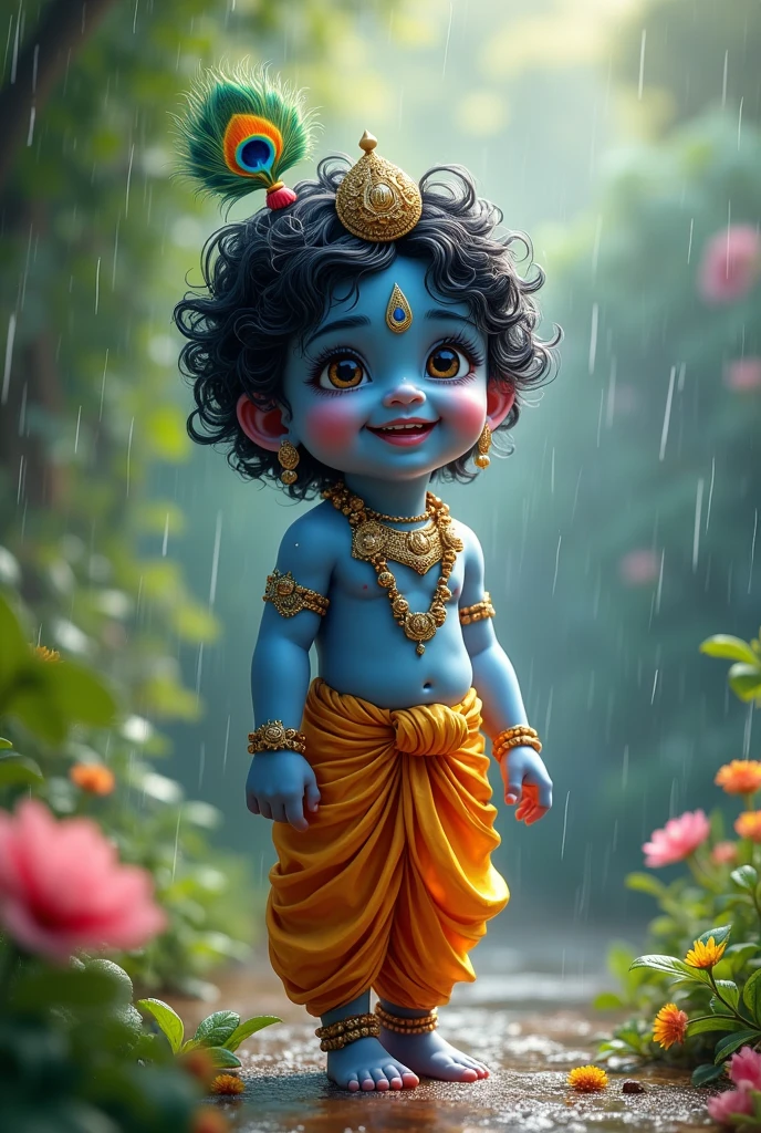 Little krishna standing in rain and smiling 