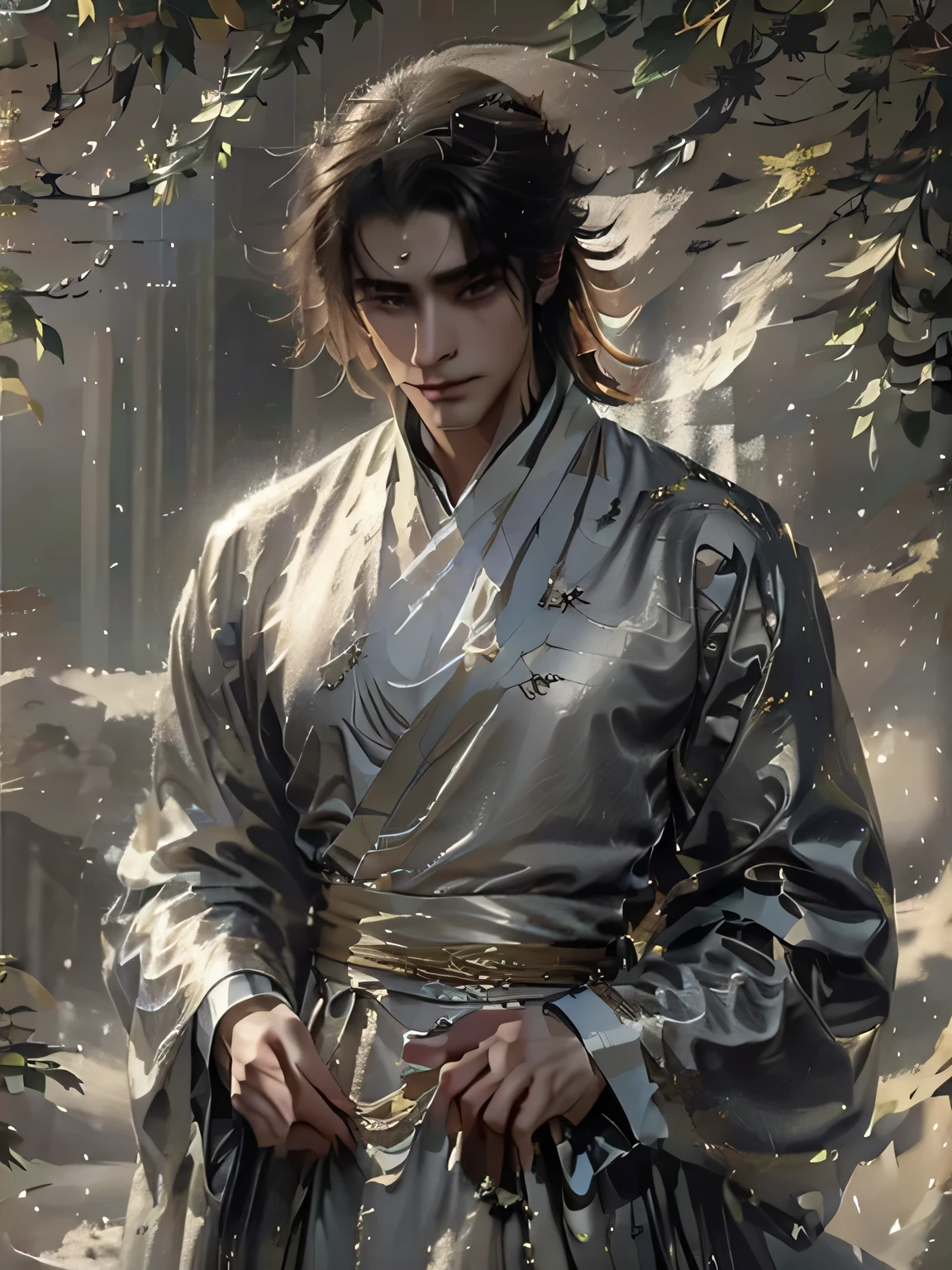 (Male character design),, Royal Highness the Crown Prince of Xianle - protagonist of Heaven Official's Blessing(Close up view of the melancholic handsome Chinese man Xie Lian),(Xie Lian wore a modern and fashionable men's suit.: 1.3), Xie Lian's skin was fair and flawless.,, the bridge of the nose is high and straight, (long messy shawl hair : 1,1), double eyelids, bright eyes, big clear and bright eyes, sad prince, food with red lips and white teeth, soft melancholy, Xie Lian is tall and tall., He has a strong physique, Strong muscles, Fresh and tight stomach, Her beautiful facial features, King style, The noble temperament wears a white robe with silver decorations, messy black hair, Wind magic,
Background: modern urban with skyscrapers