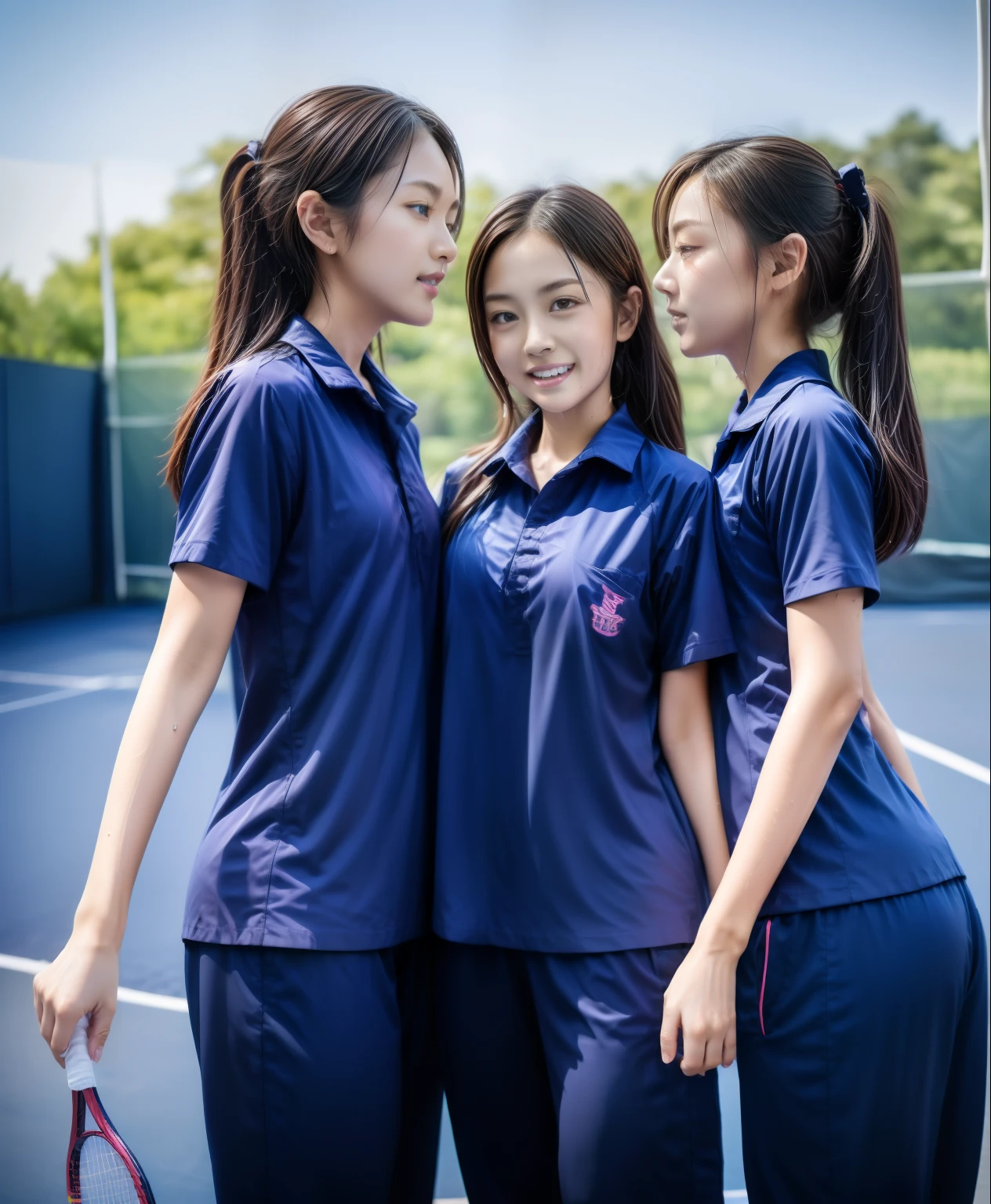 3 girls play tennis at tennis courts, Navy blue short-sleeved shirt,Navy Long Trackpant,Sweatpants, Sweatpantsขายาว,2 girl, lesbian, sexy, exercise clothes, wet body, exercise clothes