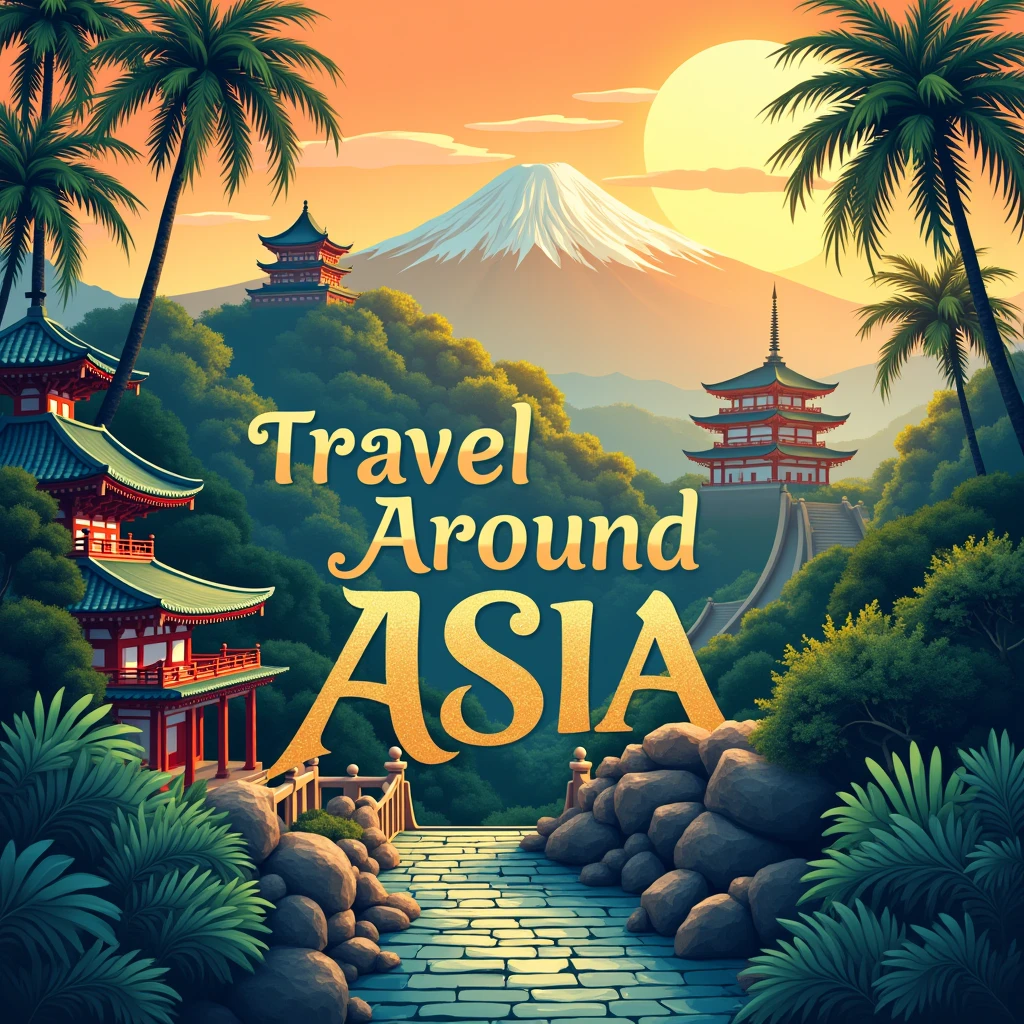 Design a vibrant and eye-catching Instagram profile picture for an account called 'Travelling around Asia.' The image should feature iconic landmarks from Asia, such as the Great Wall of China, Mount Fuji, and traditional temples. Incorporate tropical elements like palm trees and lush green landscapes to evoke the sense of adventure. Use warm, earthy tones with accents of gold and blue, reflecting both cultural richness and natural beauty. In the center, include the text 'Travelling around Asia' in an elegant, adventurous font. The overall design should inspire exploration and the spirit of travel.