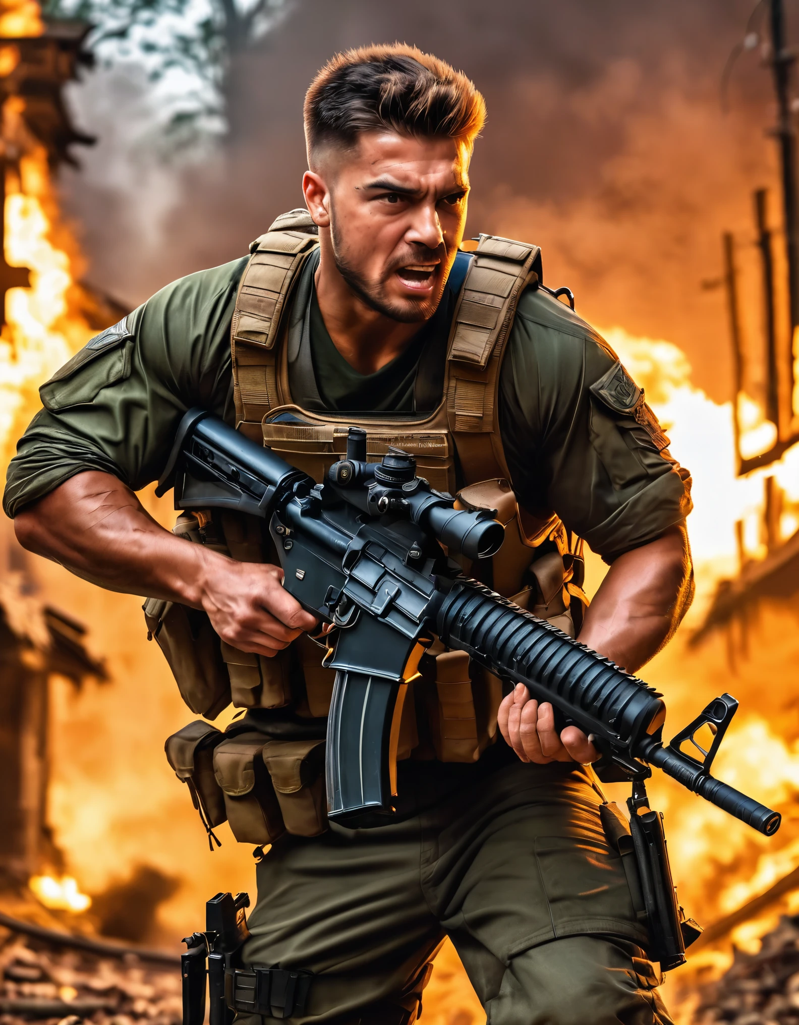 (masterpiece), (best quality), (hires), solo, so lo focus, male focus, muscular mercenary, firing machine gun, assault rifle, shell casings, brown hair, brown eyes, (crew cut), (spiky hair), (facial hair), (facial scar), angry, clenched teeth, jungle village, dusk, war zone background, tactical gear, combat boots, dynamic action pose, standing, gritty atmosphere.