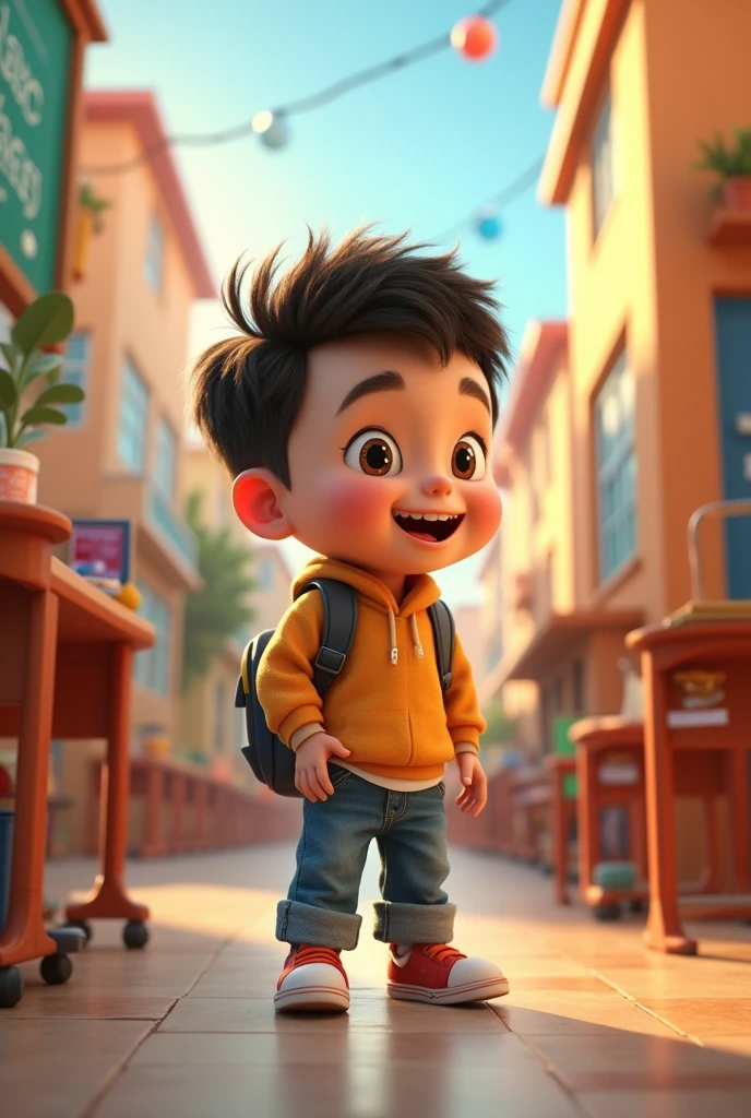 I want a 3D animated boy with a nice background of a school or with school things
 