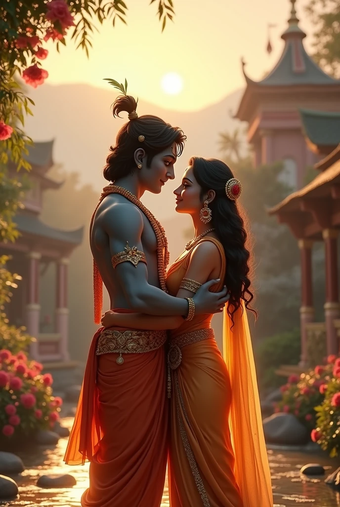 In cinematic 3d human style "show Krishna return vrindawan for meet Radha"