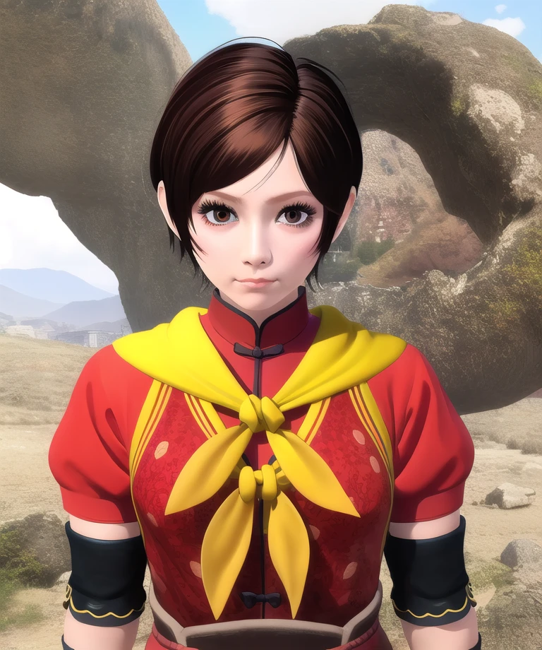 Eileen,Brown Hair,short hair,Brown eyes,
Yellow neckerchief,Red Chinese Top,Elbow pads,Short sleeve,Black trousers,
Stone ruins,
Are standing,Upper Body,View your viewers,
(Very detailed, masterpiece, Highest quality),