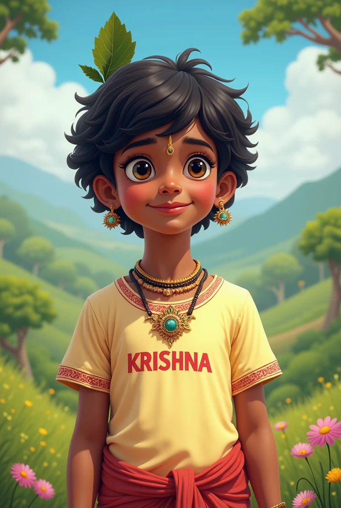 Little Krishna with a boy Raja ram name printed on his t shirt ( boy facing the camera)