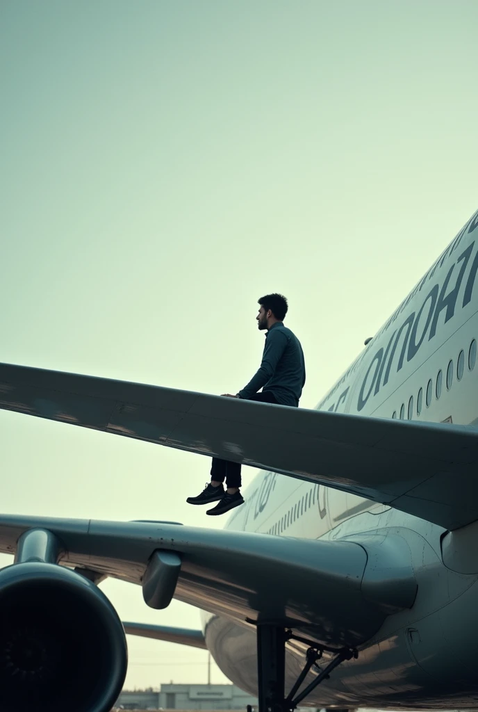 A guy sitting on wing of Airbus A380 Grounded
