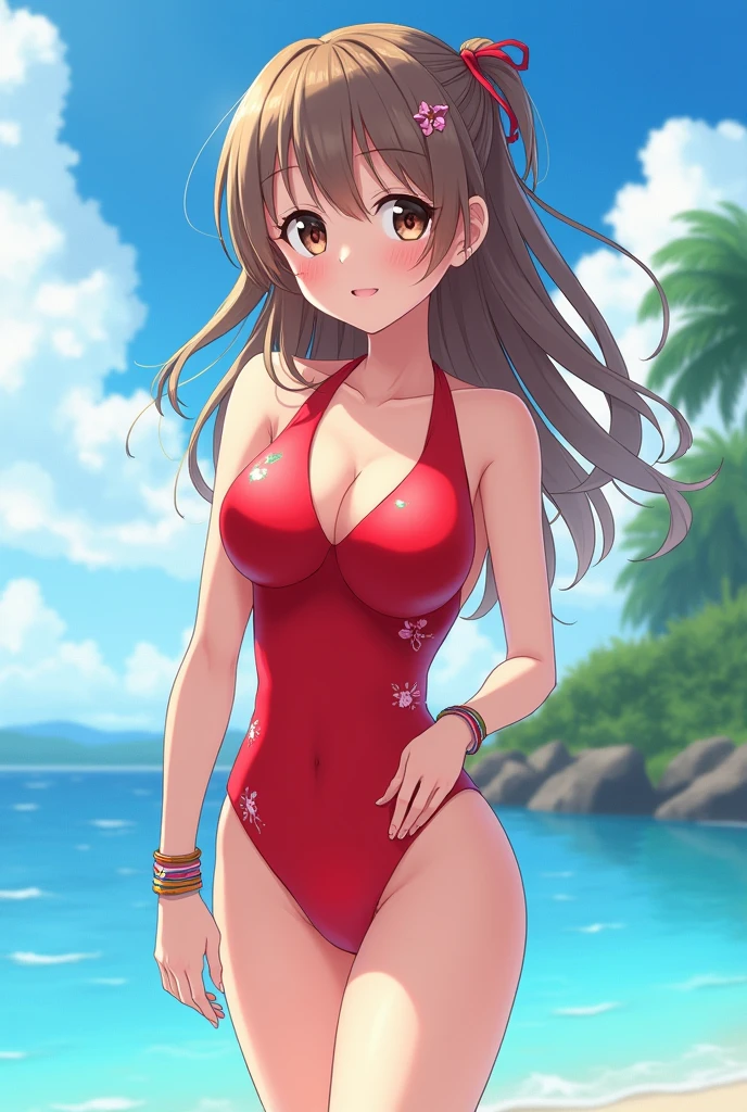 an anime girl about 16- in a red swimsuit