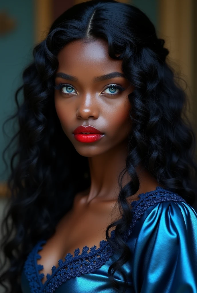 Really dark skinned 1 girl
Really dark skinned 19
Blue eyes
Long curly hair
Turned up nose
Red lipstick
Wearing a metallic blue Victorian dress