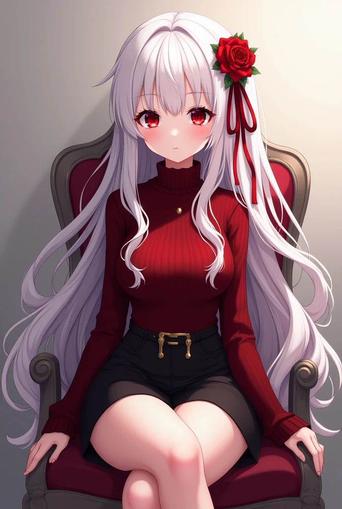 Beautiful anime woman with white hair and blood red eyes. Wearing a dark red turtleneck sweater tucked into a short black skirt, and pantyhose with high heels. She has some of her hair pinned back. A rose and some red ribbons decorate her hair. She is sitting in a chair with her legs crossed.