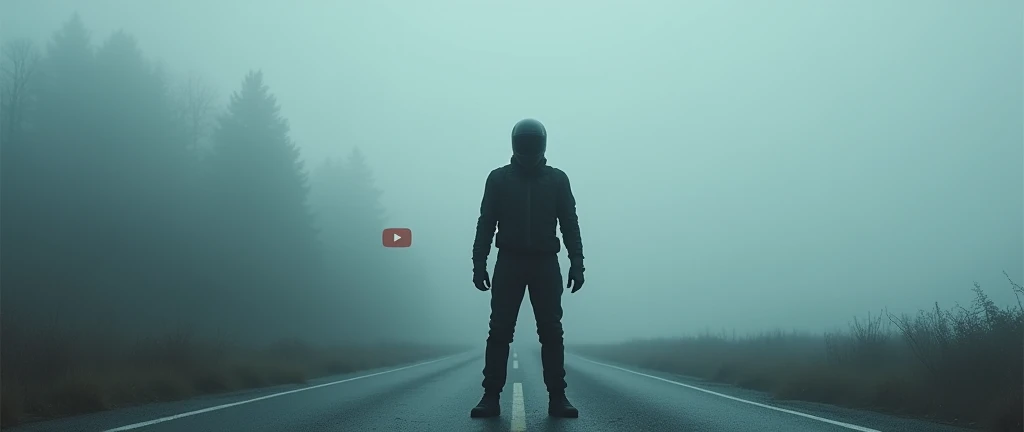 A haunted road on night foggy weather and a rider with black helmet and riding gear without bike for YouTube logo