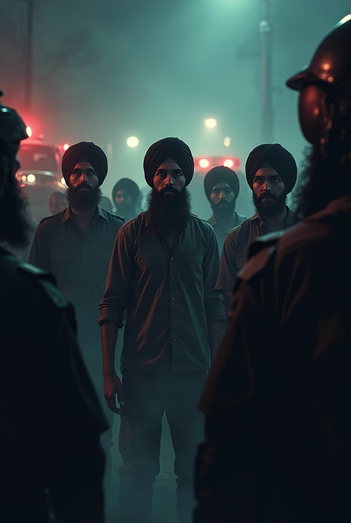 In a dark, desolate area during a tense night, a group of young Sikh men, wearing traditional turbans, are caught in a trap, surrounded by heavily armed forces. The atmosphere is charged with fear and desperation as they realize they have been led into a false encounter. The surrounding environment is shadowy and oppressive, with flashing lights from police vehicles and the looming silhouettes of the armed forces closing in. The scene reflects the grave injustice and the heartbreaking reality of the situation, emphasizing the betrayal and tragedy faced by the Sikh youth