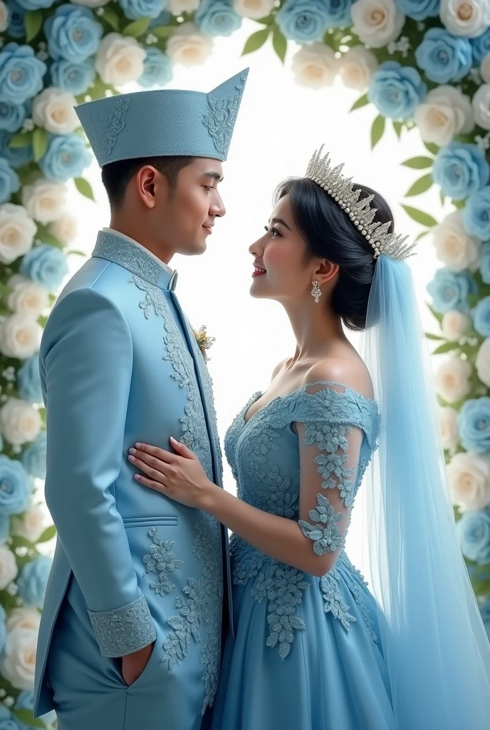 poto realistis couple 2 orang ,Seorang pemuda tampan ras indonesia,memakai batik Biru,Celana hitam dan memakai sepatu pentofel ,seorang Perempuan wajah indonesia Disanggul cantik ,Memakai Gaun panjang biru muda ,berpose saling merangkul tersenyum ,berdiri merangkul latar tembok pelaminan tertulis "LIDYA& ENALL" dan ornamen bunga mawar putih ,biru muda dan melati, realistis masterpice ultra hd.