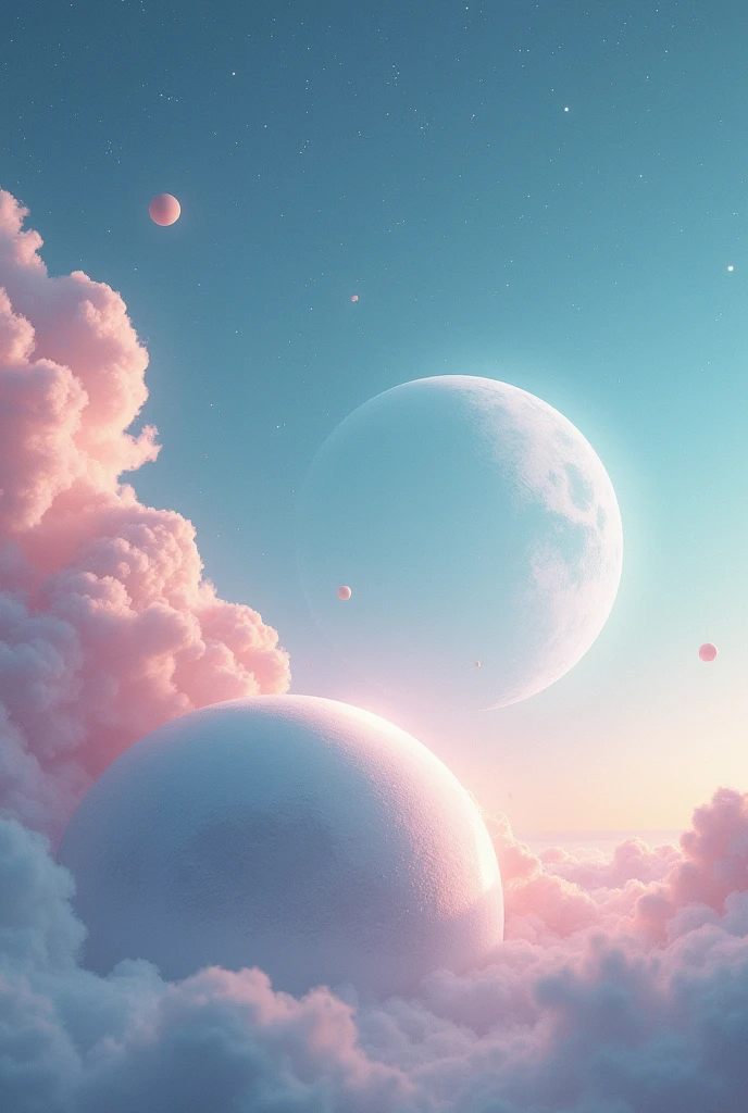 Create a dreamy, ethereal image with celestial elements in the background. At the bottom of the image, show half of a large planet's surface. The planet should be significantly larger than other elements and only its upper half should be visible, occupying the lower part of the frame. Add a soft, misty glow around the celestial bodies and use a pastel color palette to enhance the dreamlike atmosphere. Include some swirling, translucent clouds or nebulae to create a sense of magic and wonder.