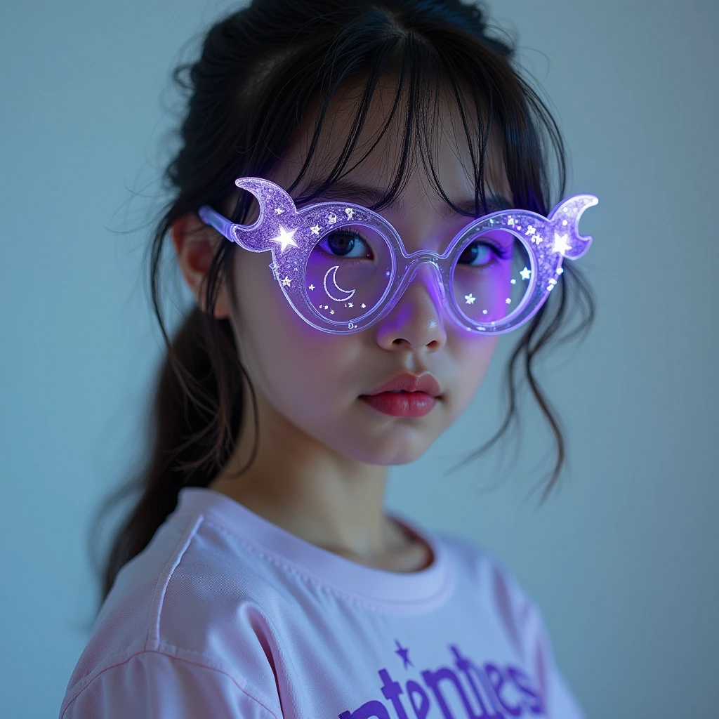 The girl model is wearing glass sunglasses with stars and the moon on the glass with a text "amethyst" on her clothes
