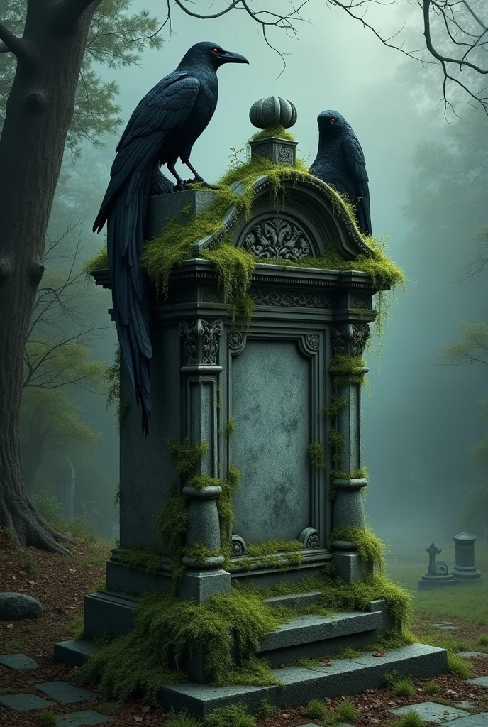a realistic painting of an old cemetery, a tomb with an angel statue, the tomb and statue are old and neglected, overgrown with moss, a raven sits on the angel's wing statue, dark, mysterious, mystical atmosphere, highly detailed, photorealistic, 8k, cinematic lighting, masterpiece