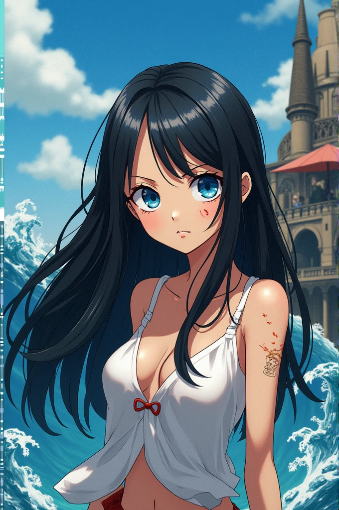 A girl in the world of one piece, black hair with white rays, eyes blue like the sea, some scars on her face and she is white)