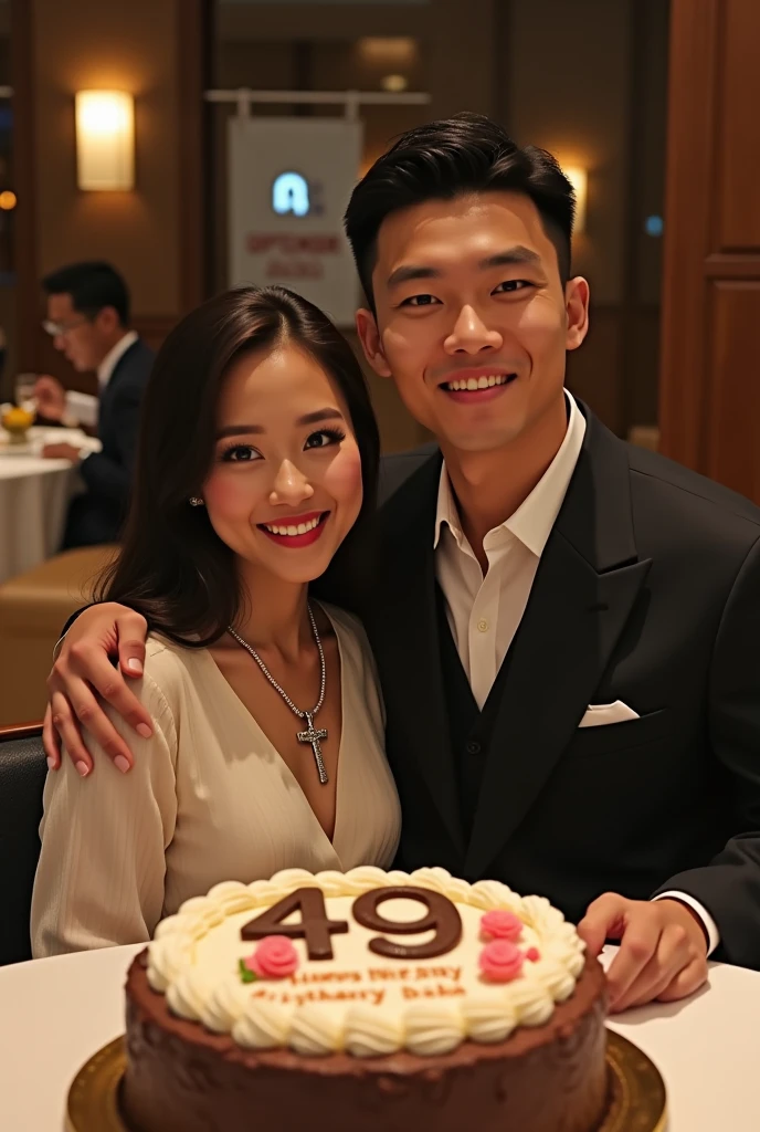 a dinner celebration attended by an Indonesian lady and a gentleman. Both wearing upscale business attires. The gentleman's hair style is very short. The lady wearing a beautiful necklace with a cross in the end, both facing the camera. all smile. There is a birthday cake with candle number 49. In the cake there is writing of "Happy Birthday Diah".The gentleman is giving a birthday gift to the lady. Behind is a banner with a writing of 07 September 2024, photo realistic, UHD.