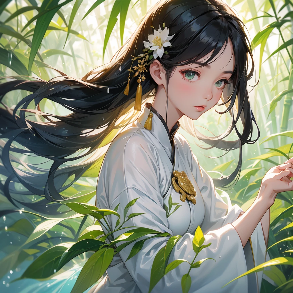 A beautiful girl with black long hair, wear white ancient chinese clothes, with the sun shining on her face, close up.
The back is a lush green bamboo forest. The air after rain has water droplets splashing around.