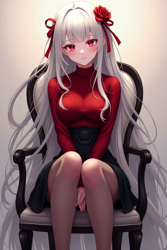 Beautiful anime woman with white hair and blood red eyes. Wearing a dark red turtleneck sweater tucked into a short black skirt, and pantyhose with high heels. She has some of her hair pinned back. A rose and some red ribbons decorate her hair. She is sitting in a chair with her legs crossed.