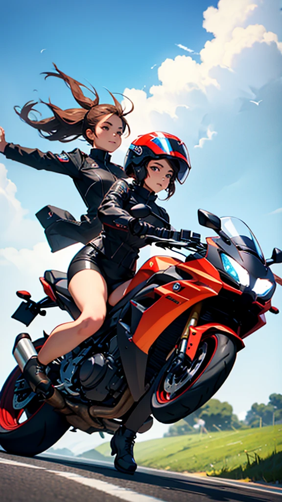 {Front view} of a girl riding a motorcycle