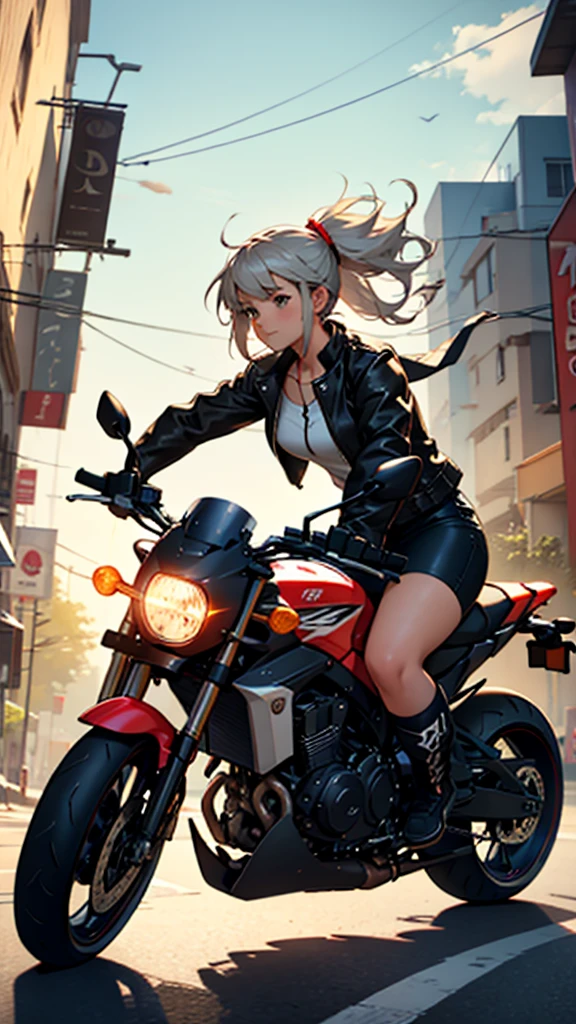 {Front view} of a girl riding a motorcycle