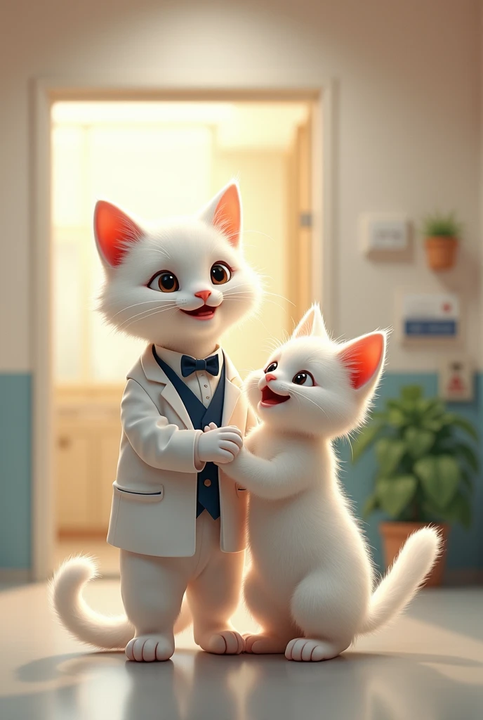 The small white cat's father white cat in suit had adopted the cat in the hospital in happy mood.
