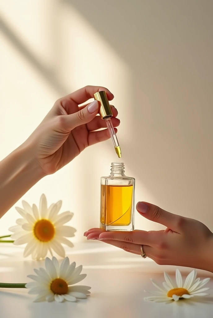 A pair of beautiful hands holding an essential oil dropper,Chamomile essential oil glass bottle high quality essential oil,Showcase high-quality essential oil images