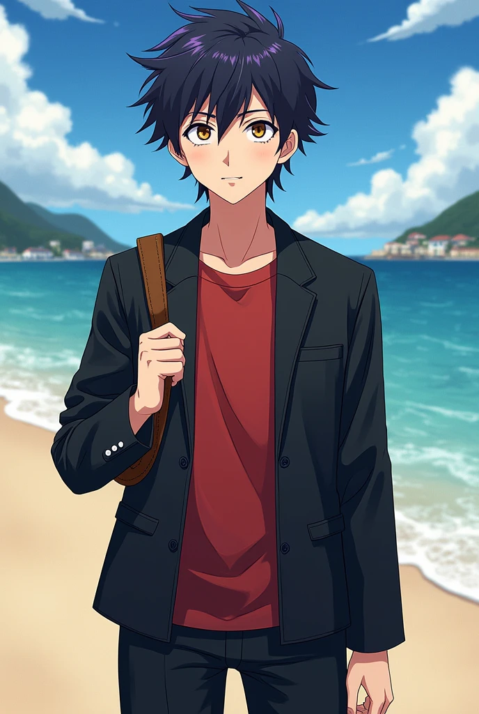 Takashi is a high school student of average height with brown eyes, spiky black hair which can occasionally have a purple hue[1] (Note: in the anime, his hair can have a brown hue).[2], and a slender yet reasonably powerful build that contributes to his agility. Takashi's attire typically consists of his black school uniform with a red T-shirt underneath. He wears various T-shirts and jeans for short periods of time,[3] but his school uniform remains his primary wardrobe. During the beach OVA he's forced to wear a extremely tight black speedo with boots.