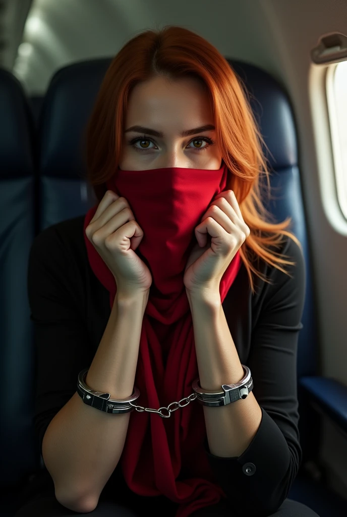 Une jeune femme de 25 ans,  italienne aux cheveux mi-longs rouges et lisses, est assise dans un siège d'avion.  On peut voir que Ses poignets sont entravés par des menottes, Une écharpe en soie rouge lui couvre juste la bouche , ajoutant une touche inquiétante à la scène.