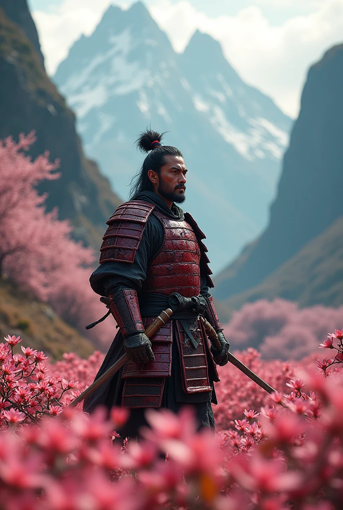 Samurai covered with blood in an open land full of trees and pink leaves.
Add more blood to the samurai.
add mountains
Make it realistic
Send the samurai a bit far and add regret to his face