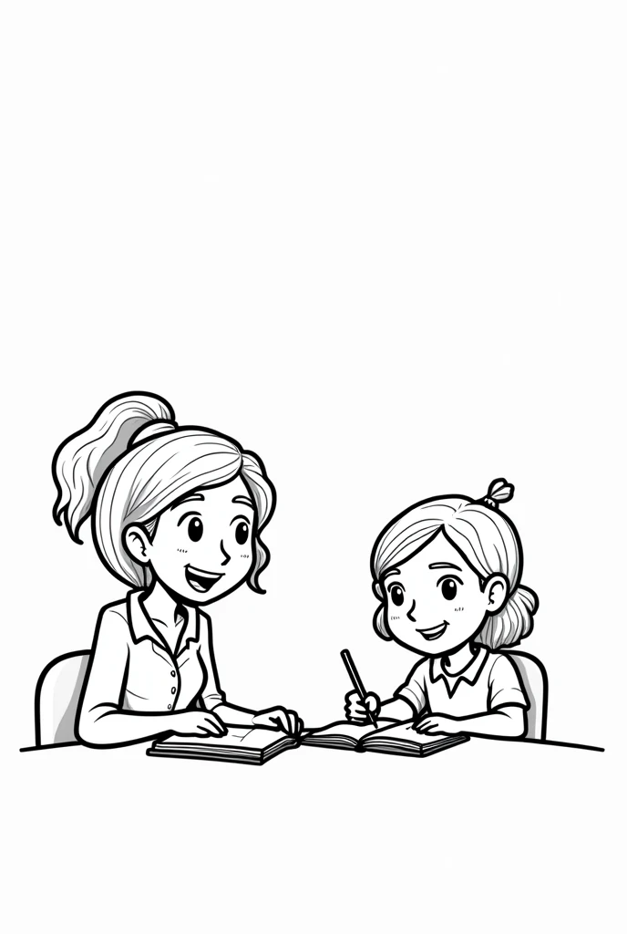 "Create a coloring page featuring a cartoon-style female teacher sitting and teaching a female student at a table. The student is writing in a book placed in front of her. The scene should have no background, just the characters, table, and book. The faces should be non-realistic and cute, with simple lines and clear shapes for easy coloring."