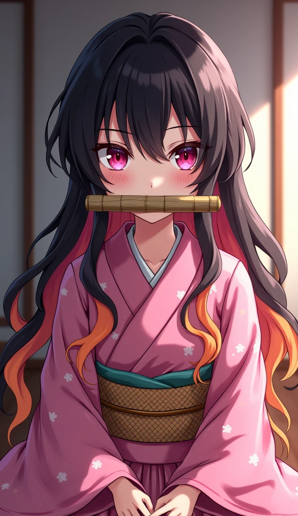 Nezukokamado, nezuko kamado, bamboo, (bit Gag:1.5), black hair, (forehead:1.5), Gag, Gagged, Hair Ribbon, long hair, multicolored hair, (pink eyes:1.5), orange hair, slit student, wavy hair, two tone hair, break asa no ha (pattern), checkered waist belt, haori, japanese clothes, kimono, long sleeves, mind, pink kimono, waist belt, wariza, wide sleeves, break looking at viewer, break indoors, break (masterpiece:1.2), best quality, high resolution, unity 8k wallpaper, (illustration:0.8), (beautiful and delicate eyes:1.6), very detailed face, perfect lighting, Highly detailed CG, (perfect hands, complete anatomy),
