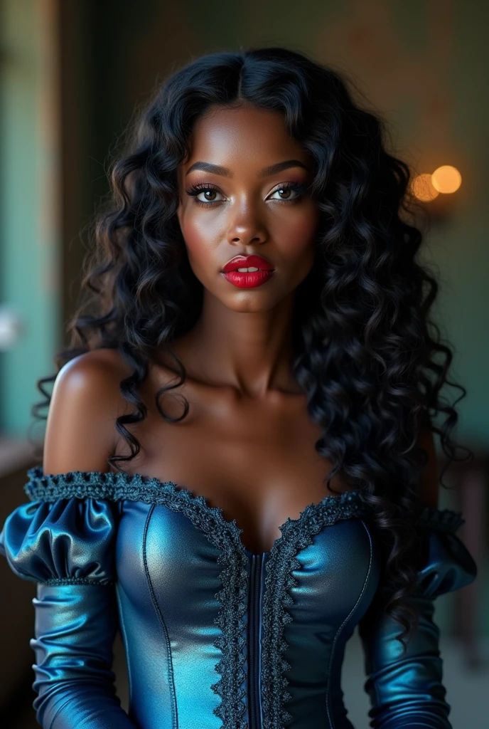 Really dark skinned 1 girl
Really dark skinned 19
Really dark skinned 19
Big breasts
Blue eyes
Long curly hair
Turned up nose
Red lipstick
Wearing a metallic blue Victorian dress
