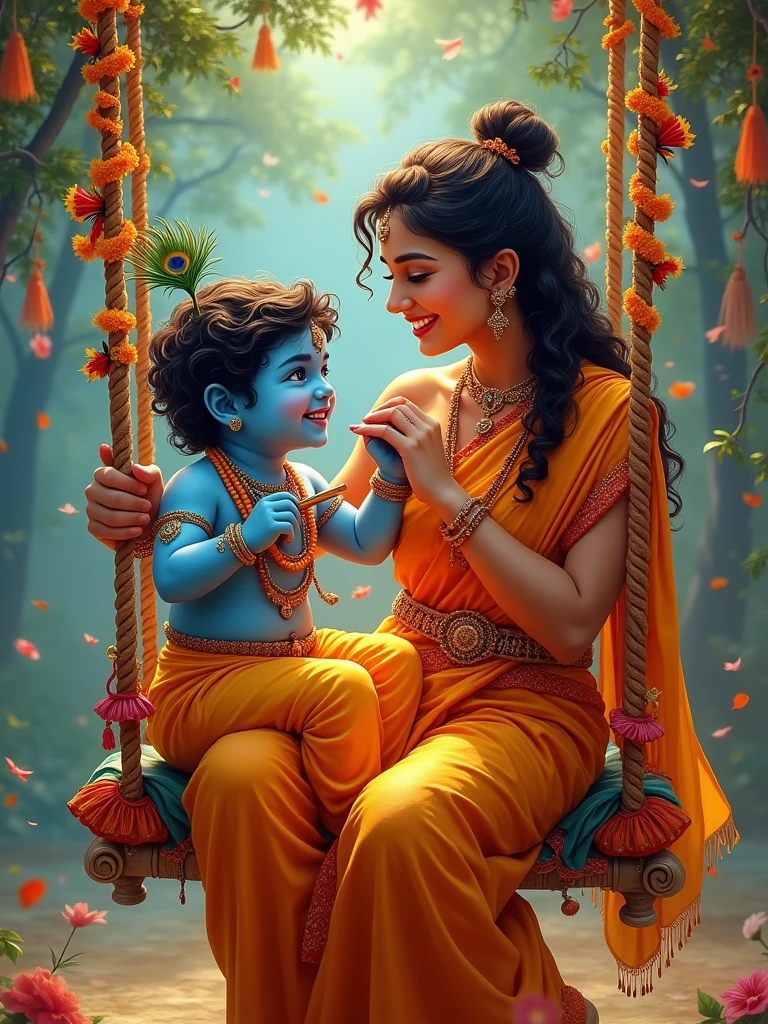 Mother Yashoda swinging her new born Little baby Krishna in a beautifully decorated jhoola (swing), both of them laughing joyously. Krishna, with his blue skin, peacock feather in his hair, and flute in hand, looks at Yashoda with a mischievous grin. The scene is vibrant and colorful, capturing the festive spirit and the unbreakable bond they share.