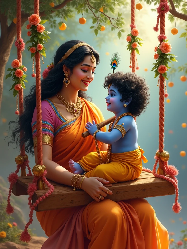 Mother Yashoda swinging her new born Little baby Krishna in a beautifully decorated jhoola (swing), both of them laughing joyously. Krishna, with his blue skin, peacock feather in his hair, and flute in hand, looks at Yashoda with a mischievous grin. The scene is vibrant and colorful, capturing the festive spirit and the unbreakable bond they share.