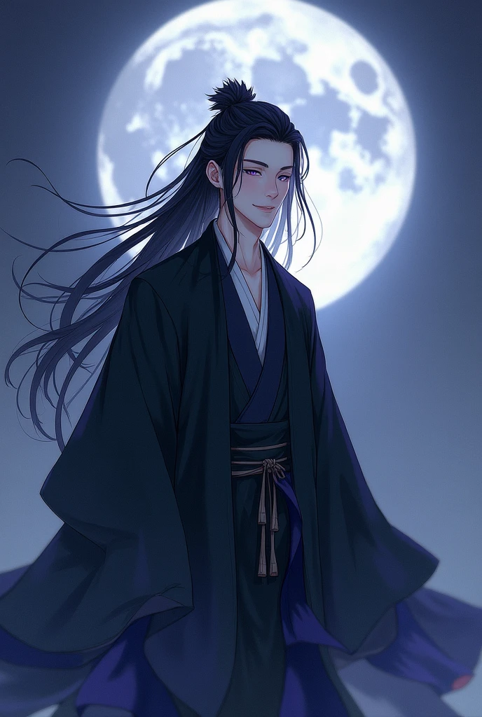 The male,Male,Black Hanfu,long black hair,Long flowing hair,Wide robe with large sleeves,Ancient wind,Solid color clothes,The clothes do not have any patterns,laughingly,softlighting,water ink,Behind it is the full moon,low-saturation,low-contrast,led floodlights, Purple eyes