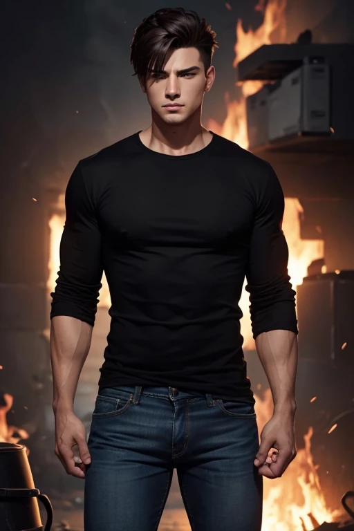 Draw a male character wearing jeans and a black shirt with 3 sleeves/4. Seen from the front with serious appearance while screaming with clenched fists in a burning environment. Short hair and brown eyes with a clean shave.