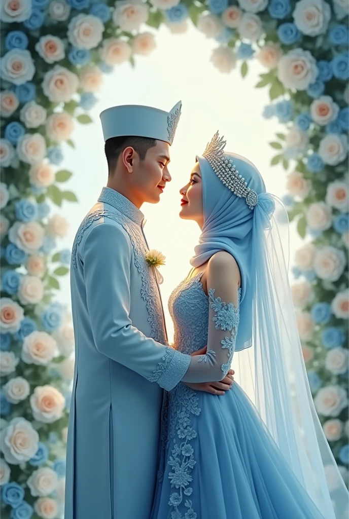 celebrate the wedding anniversary (a handsome man wears a baby blue wedding dress and wears a Malay dress with a peak on his head and wears sampin and looks in front of his face) (a beautiful woman wears a flowery baby blue wedding dress, veiled with a pearl crown on her head and looks the face in front) the background has blue white ross flowers