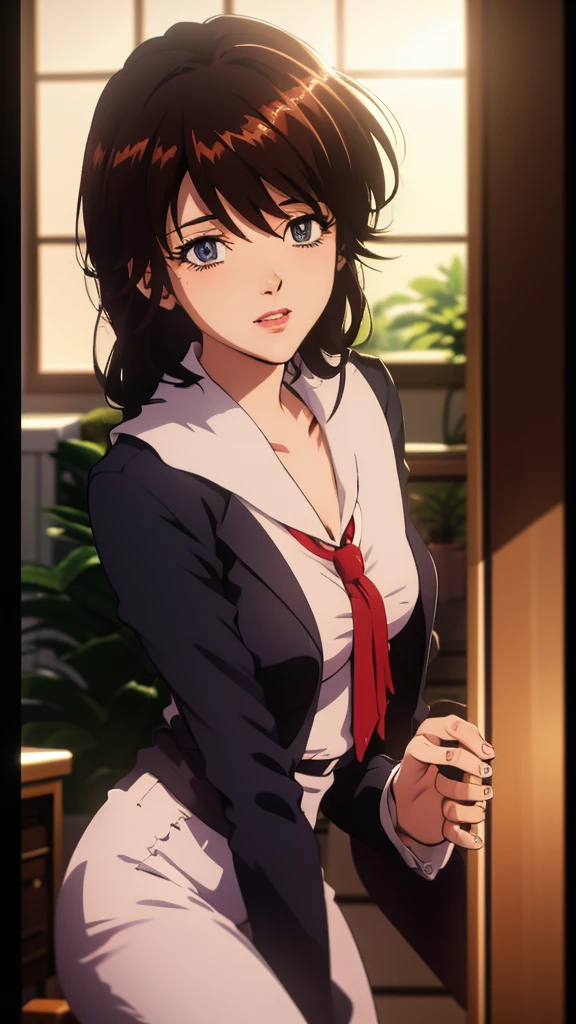 a woman in a secretary outfit, mana kirishima, beautiful detailed eyes, beautiful detailed lips, extremely detailed eyes and face, long eyelashes, shiny black hair, sunlight, sunlit room, office setting, elegant, fashionable, photorealistic, 8k, highly detailed, masterpiece