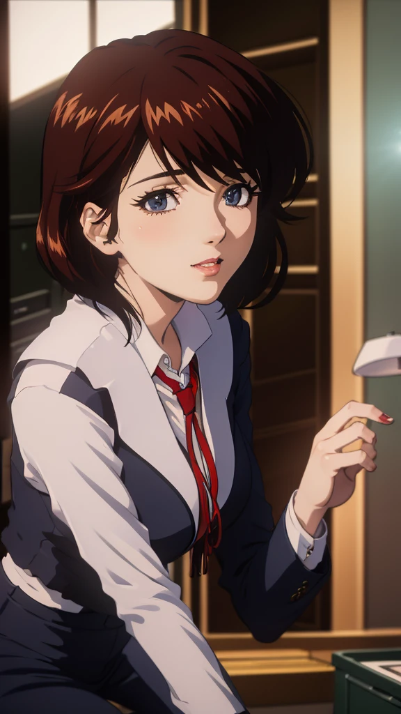 a woman in a secretary outfit, mana kirishima, beautiful detailed eyes, beautiful detailed lips, extremely detailed eyes and face, long eyelashes, shiny black hair, sunlight, sunlit room, office setting, elegant, fashionable, photorealistic, 8k, highly detailed, masterpiece