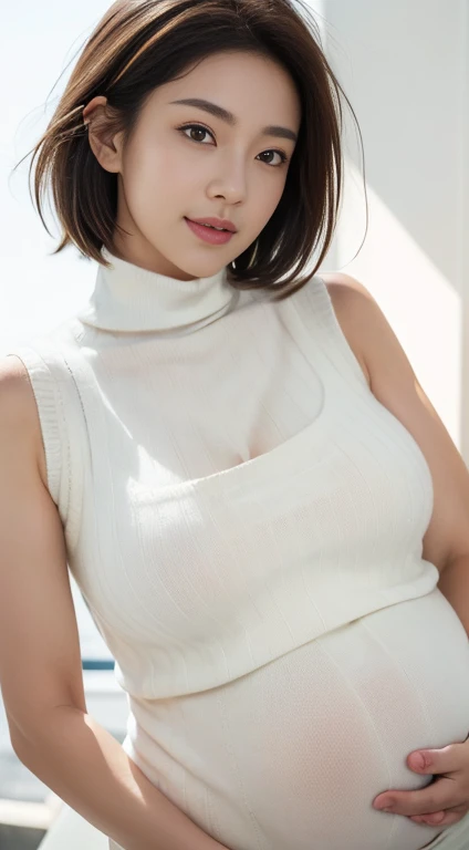 (8K, 超A high resolution, Best quality, masutepiece:1.2)、RAW portrait of japanese girl、超A high resolution、top-quality、 (huge-breasted,:1.6)、((huge pregnant:1.3))、{Hide all breasts:1.2}{Off-white shorts:1.5}、(Wear a white sleeveless turtleneck sweater:1.5)、(hand to hip:1.6)、(In the street:1.2) Break (Natural skin texture、Detailed skin、Hyper-realism、ultra-sharpness)、intricately details、depth of fields、Sexy adult woman、Black hair short hair、toned butt、((tmasterpiece、top-quality、high detal))、(Photorealsitic:1.4)、solo、Keep one's mouth shut、Smile happily、largeeyes、Distinct double eyelids、eyeslashes、Long neck、Absolute area、Clean collarbone、face perfect、Thin lips、a small face、(Gaze towards the viewer、highlights in the eyes、Light brown eyes、Gloss on lips)、(The entire body is shown from the side:1.3)