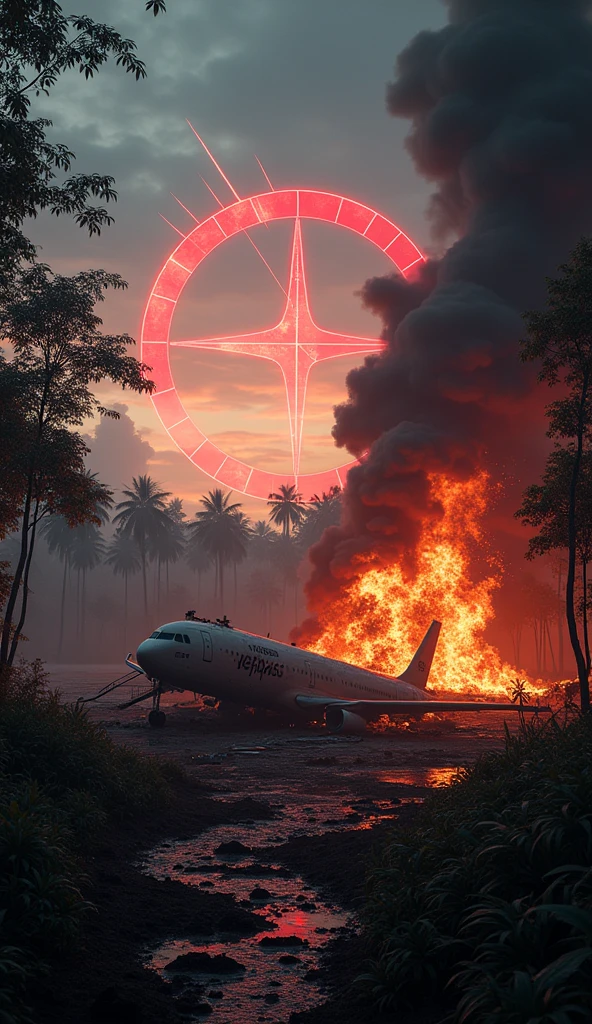 “A fiery crash scene in a dense jungle at twilight. Smoldering wreckage from the Voepass plane is scattered across the ground, with pieces of the fuselage twisted and charred. Thick, black smoke billows upward, engulfing the scene in chaos. In the foreground, a wing fragment bearing the Voepass logo is partially buried in the debris. Flames lick the trees, casting an orange glow over the wreckage. Overhead, a large red warning symbol and jagged radar lines streak across the sky. The title reads ‘Voepass Tragedy: Disaster in the Sky’ in bold, shattered letters with an explosive visual effect.”