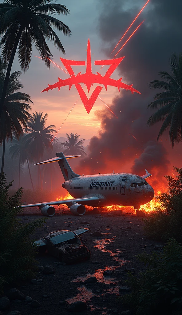 “A fiery crash scene in a dense jungle at twilight. Smoldering wreckage from the Voepass plane is scattered across the ground, with pieces of the fuselage twisted and charred. Thick, black smoke billows upward, engulfing the scene in chaos. In the foreground, a wing fragment bearing the Voepass logo is partially buried in the debris. Flames lick the trees, casting an orange glow over the wreckage. Overhead, a large red warning symbol and jagged radar lines streak across the sky. The title reads ‘Voepass Tragedy: Disaster in the Sky’ in bold, shattered letters with an explosive visual effect.”