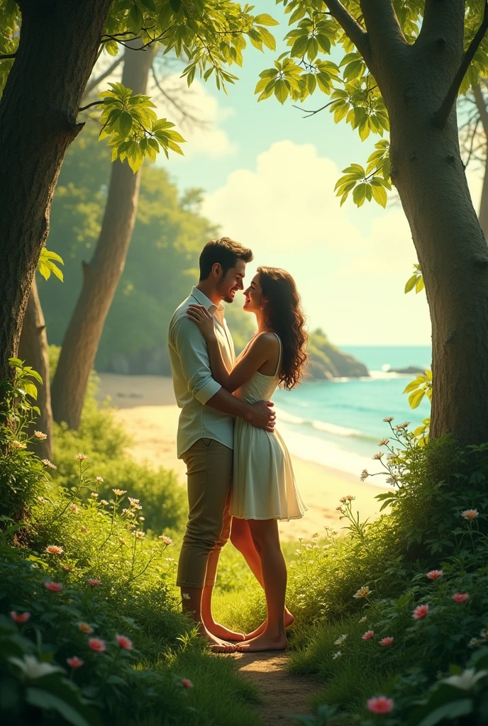 Two romantic couples in forest with beach nearby