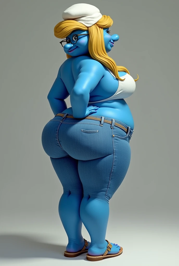 Smurfette with a too big butt, too big breasts, Wearing sandals with very tight jeans and a neckline that really highlights the butt and breasts 